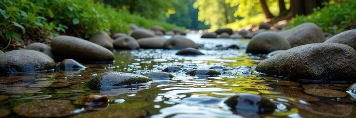 Fototapeta premium Shallow creek bed with flat stones and gentle ripples, scenery, peaceful, creek