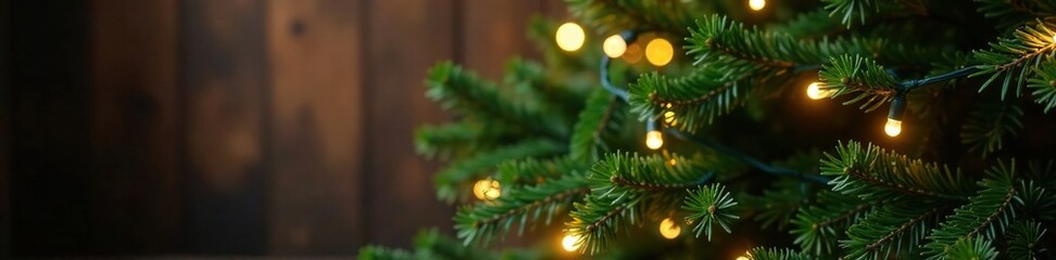 Fototapeta premium String lights adorn the branches of an evergreen tree, rustic charm, earthy decor