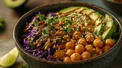 Buddha bowl with wild rice and spicy peanut dressing aesthetic