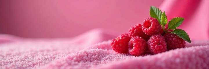Softly glowing raspberries on a velvet surface, pastel colors, dreamy