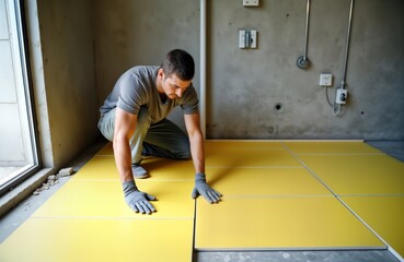 Construction worker installs yellow insulation panels on floor. Man in gray shirt, gray pants, wearing work gloves. Carefully places panels together to create warm floor. Building interior. New