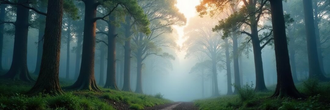 Towering eucalyptus trees rise above misty forest canopy, landscape, forest - Powered by Adobe