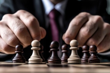 Close-up of strategic chess game with male hands on chessboard