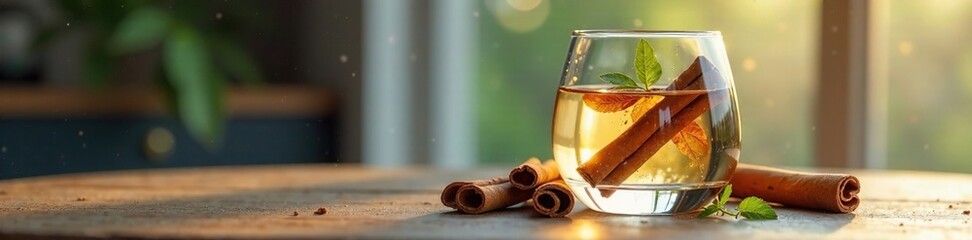 Cinnamon sticks and water in a clear glass jar create a peaceful ambiance, serene, minimalist, glassware