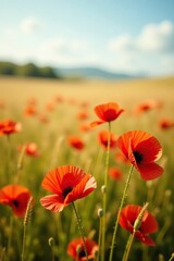 Fototapeta premium Delicate red poppy flowers sway gently in the breeze amidst a sea of golden wheat, bloom, poppy field
