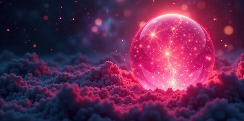 Shimmering starlight infuses a rose-hued, glowing sphere, cosmic, glowing