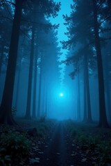 A mysterious blue light source emanates from the depths of a foggy forest, casting an eerie glow on the surroundings, fog, night scene
