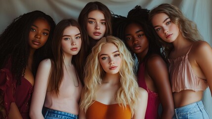 Obraz premium group of young women posing for photo, vibrant and cheerful, friendly and inviting, high detail and natural light