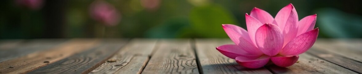 Fototapeta premium Delicate pink lotus flower on wooden table background with subtle texture, elegance, wood