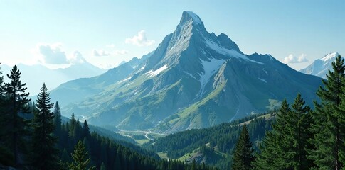 Mountain peak rising high above the forest canopy, forest, trees, green