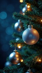 Obraz premium Shimmering silver and blue lights on a Christmas tree with a ball, tree, lights