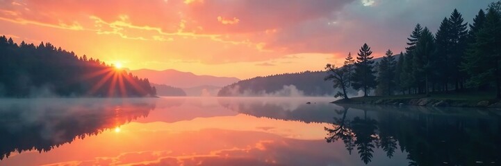 Softly focused lake at sunset with trees reflected, trees, light, landscape