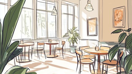 Obraz premium hand-drawn illustration of a cafe interior with sunlight streaming through windows, cozy and warm, pastel palette