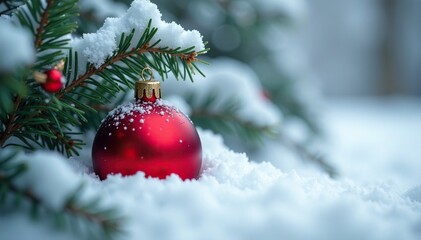 A single red bauble nestled in snow-covered foliage, Icy scenery, Ornamental objects, Winter wonderland
