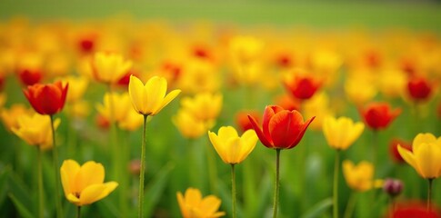 Obraz premium Field of yellow and red flowers with long stamens swaying in wind, spring, field