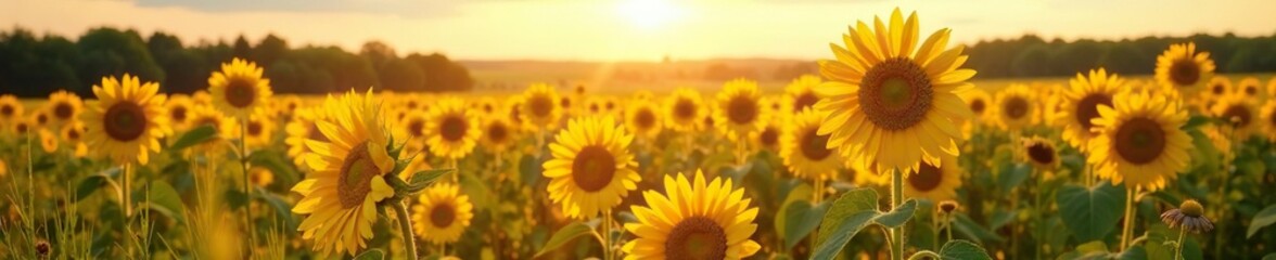 Obraz premium Tall grass and wildflowers surround the sunflowers in the golden light, landscape, rustic charm, sunflower field