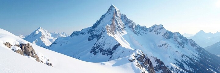 A blanket of powdery snow wraps around a frozen mountain peak, mountain range, icy peak