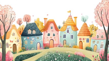 Obraz premium hand-drawn village with colorful houses and gardens, spring atmosphere, soft pastel palette, cozy and charming