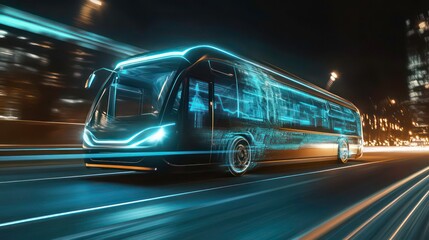 Futuristic autonomous bus speeding on city road at night, glowing with blue light trails.