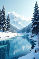 A frozen lake lies in front of a snowy forest road, frozen landscape, wintry scenery