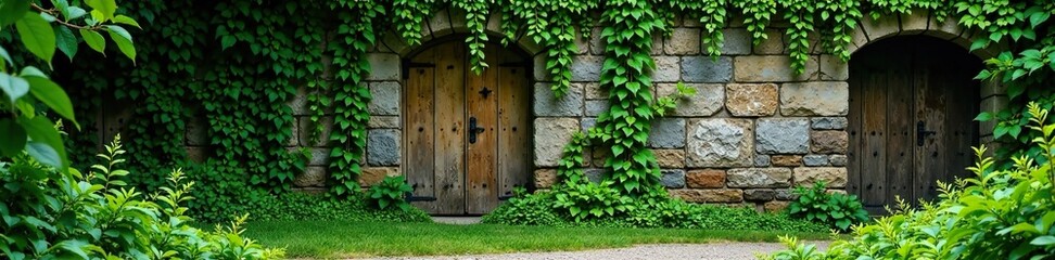 Ancient stone walls covered in lush green vines, walls, weathered, green