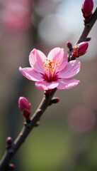 Obraz premium Almond tree branch with a single pink flower bud, nature, flower, spring
