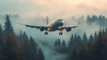 Airplane landing amidst misty forest landscape during twilight hours with soft light illuminating the scene