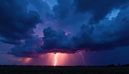 Dark storm clouds envelop the evening sky, with flashes of lightning illuminating the darkened horizon, weather, night