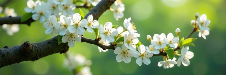 Obraz premium Delicate white flowers cascade down a tree's twisted branch, tree, blooms, flowers