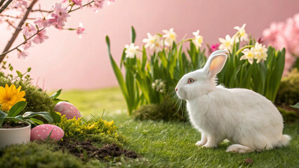 Delicate Spring Scene with a White Bunny Among Blossoms and Easter Decorations
