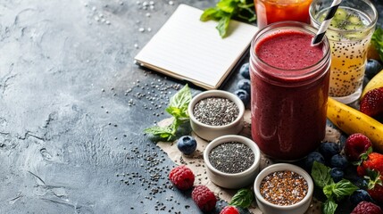 Fruit smoothie jar with chia seeds flaxseeds protein powder