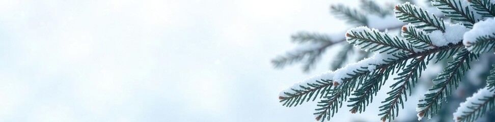 Frosted fir tree branches against snowy white background, icy, frozen, cold