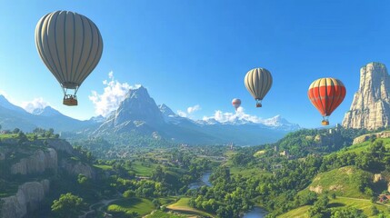 Fototapeta premium Hot air balloons floating over a green valley, clear blue sky, scenic landscape, calm and peaceful, highly detailed