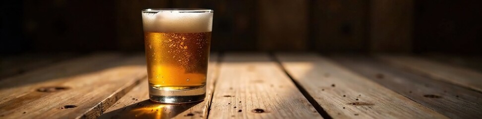 Detail of snifter beer glass in the wooden barrel's shadow, vessel, glass