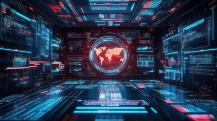 Futuristic digital room with global data visualization and holographic world map.