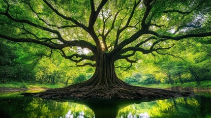 Obraz premium Majestic ancient tree with sprawling branches reflected in calm water.
