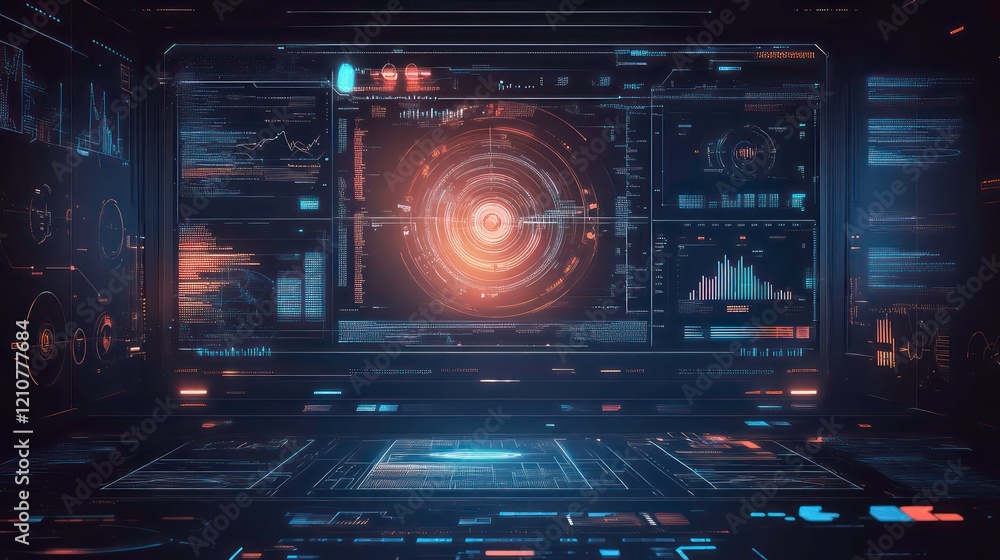 Aufkleber futuristic control room with holographic displays showing data analysis and target acquisition.