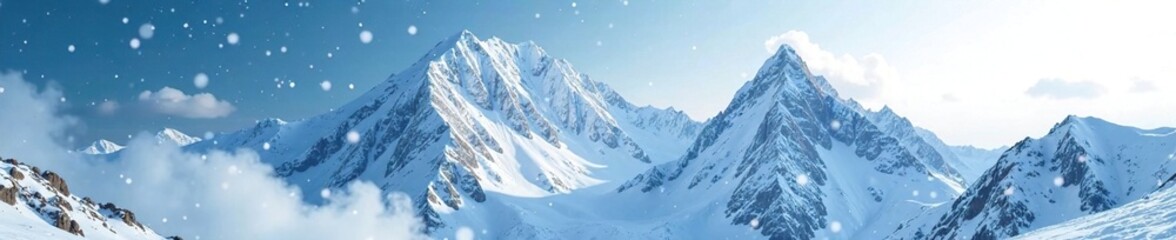 Fototapeta premium Frosty air is filled with swirling snowflakes over a snowy mountain peak, mountain, winter, cloud