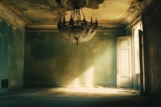 A grand, abandoned room with peeling walls and a lavish chandelier hanging from the ceiling, bathed in soft, mysterious light from the open door.