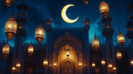 Obraz premium Islamic mosque with crescent moon and lanterns, golden details on deep blue background, high detail, elegant and festive, Ramadan and Eid theme