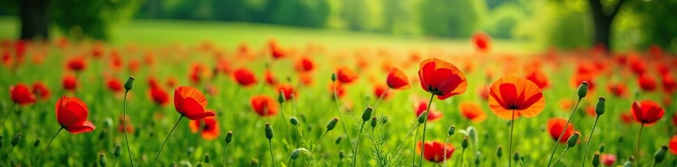 Obraz premium lush green meadow filled with red poppies in full bloom, flowers, field, meadow