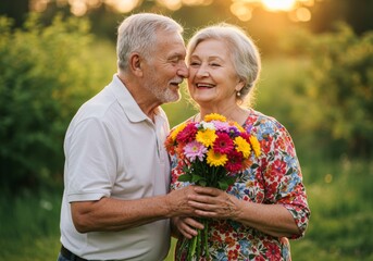 Old man giving flowers to his wife on Valentine's Day, celebrating

