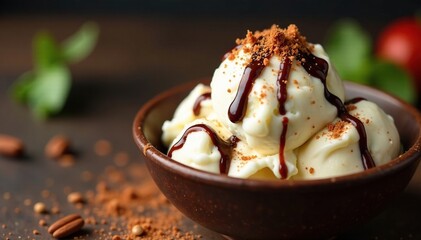 Creamy white ice cream scooped into a bowl with spicy Mexican hot chocolate drizzle, dark, spicy, flavorful