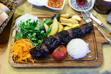 Turkish Kebab eggplant and meatballs. Freshly grilled eggplant Kebabs. Middle eastern cuisine