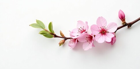 Obraz premium delicate pink flower branch with subtle green leaves on white background, floral, flowers, branches