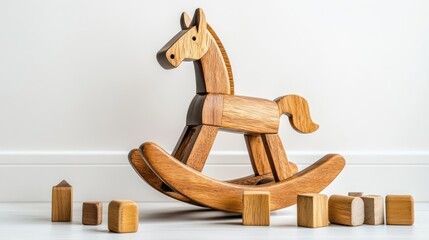Wooden rocking horse toy with blocks.