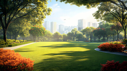 An emerald park featuring vibrant trees and neatly trimmed lawns, providing a serene escape with a distant view of the city skyline. Emerald Oasis. Illustration