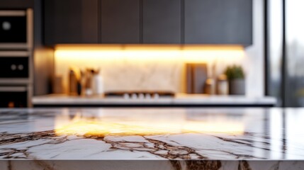 Modern kitchen countertop, marble texture, warm lighting, product display