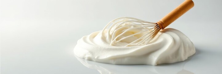 A single wooden whisk submerged in a cloud of whipped cream, whipped cream effect, reflection