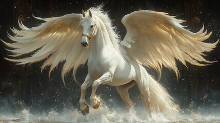 Majestic White Winged Horse Soaring Through a Dreamlike Sky